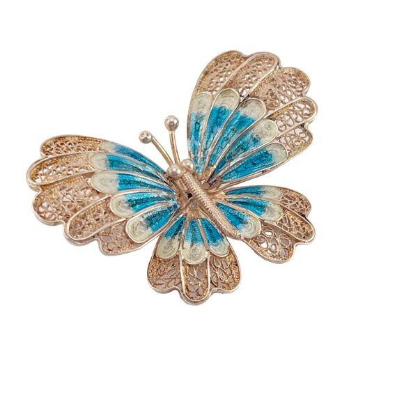 Chinese Export 1970s Blue Enamel Butterfly Pin Brooch Filigree 900 Silver - Picture 4 of 11